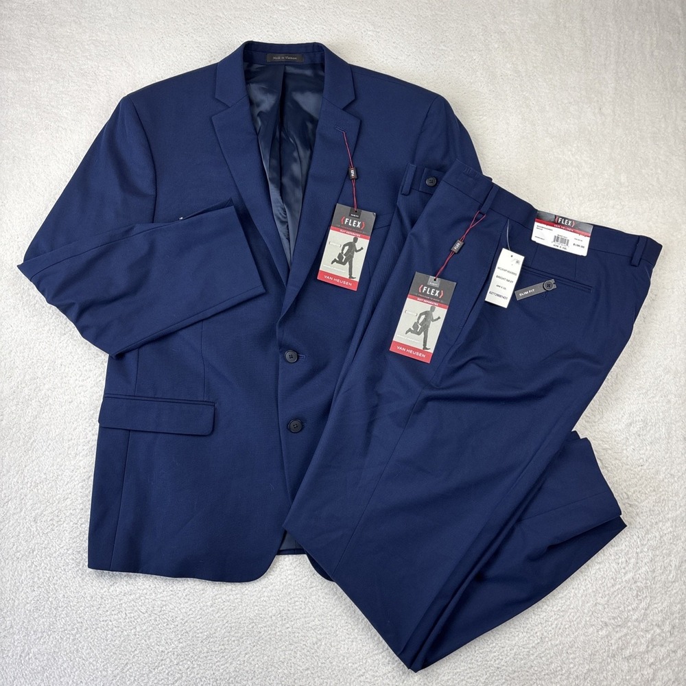 NEW VAN HEUSEN Flex Modern Slim Fit 2-Piece Suit 46R + 40/32 Navy Blue Stretch